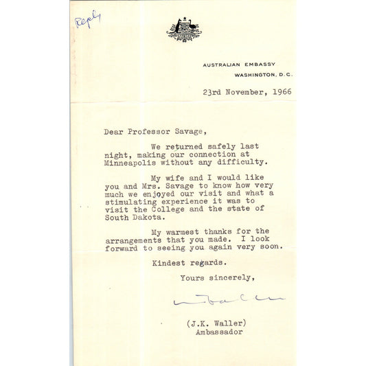 Australian Embassy Letterhead Memo J.K. Waller Nov 1967 B13