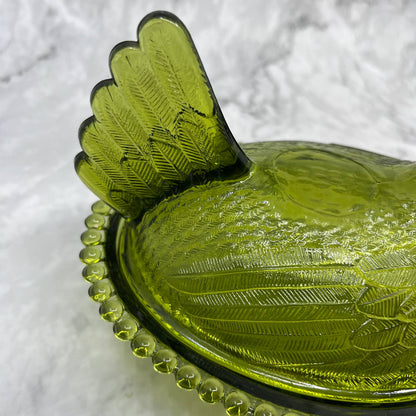 Vintage Nesting Hen Green Avocado Indiana Glass Hen on Nest Candy Dish ~7x5" TE2