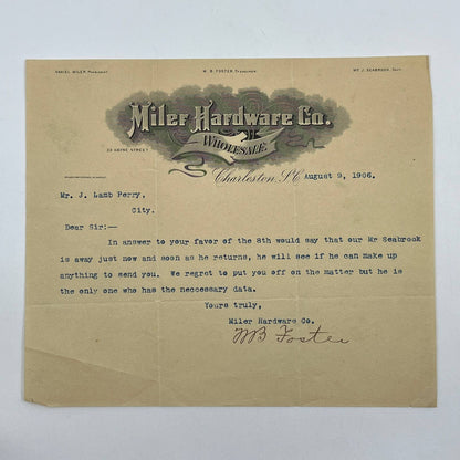 1906 Miler Hardware Co Letterhead Charleston SC Daniel Miler W.B. Foster AB9