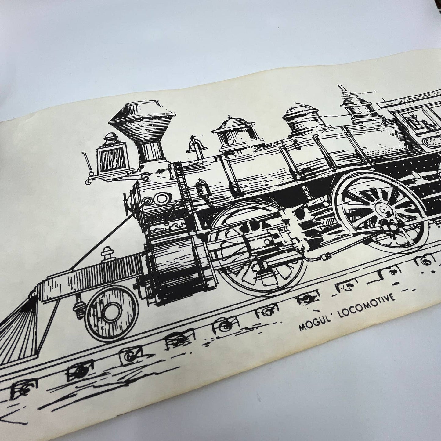 VTG Train Poster Parchment Mogul Locomotive Print 9.5”x25.5” Railroad Drawing RU1
