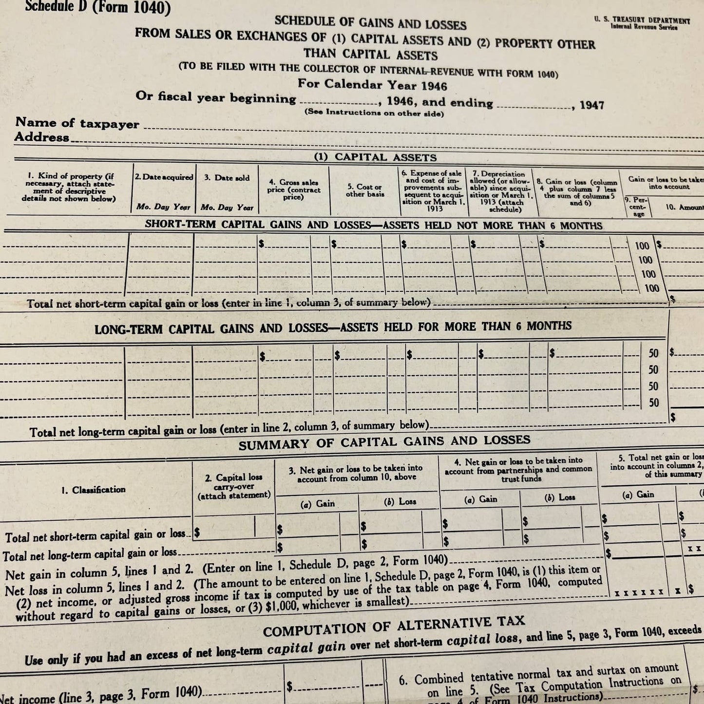 1946 Schedule D Form 1040 Blank Income Tax Form Set of 2 C11