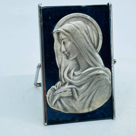1920s Art Deco Metal Virgin Mary Madonna on Blue Glass Free Standing 4” TC3