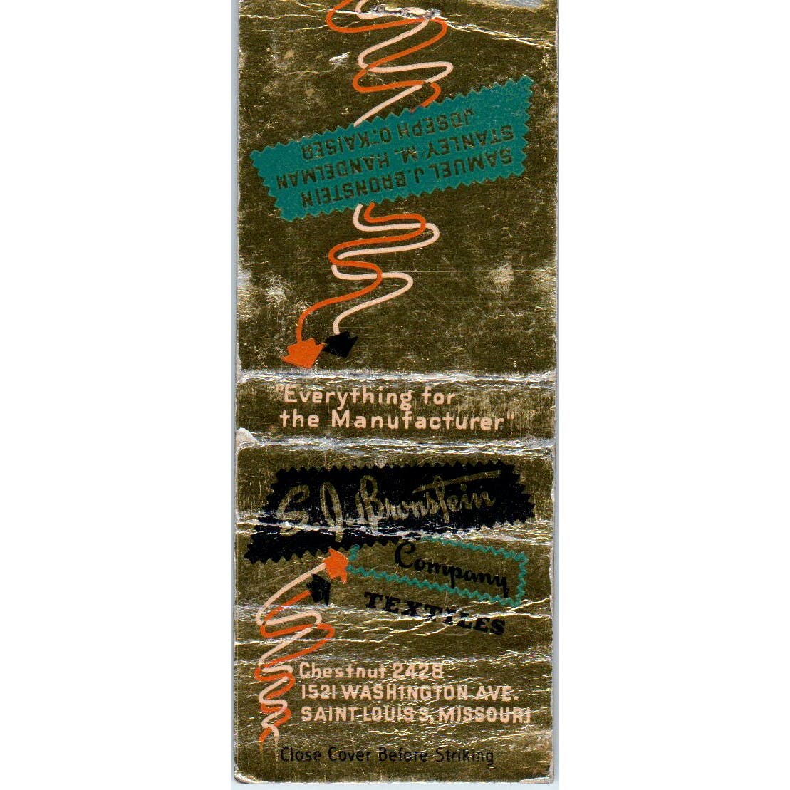 SJ Bronstein Company Textiles Advertising Matchbook Cover SA9-M2