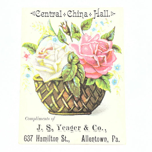 1880s Victorian Trade Card Central China Hall J.S. Yeager & Co Allentown PA AC2
