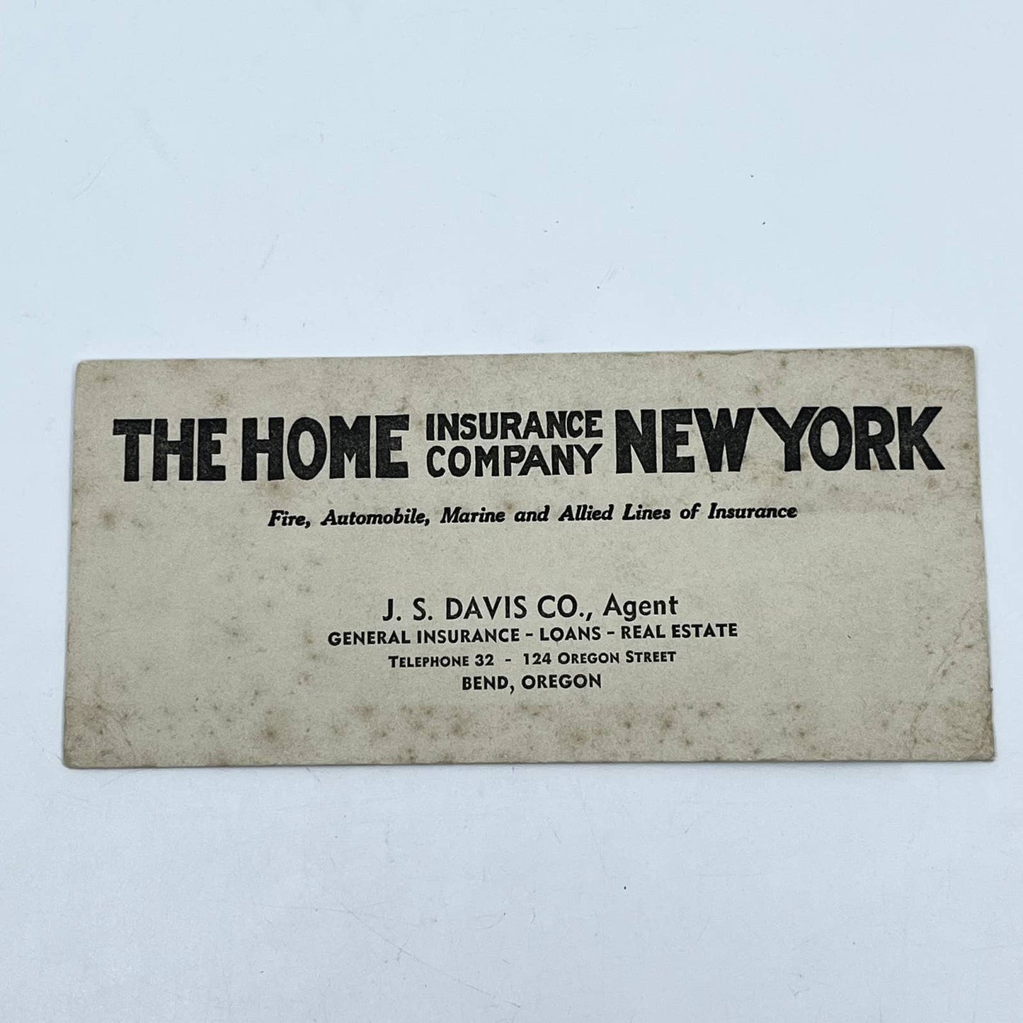 1930s Blotter Card The Home Insurance Co. NY J.S. Davis Co. Bend Oregon SC5