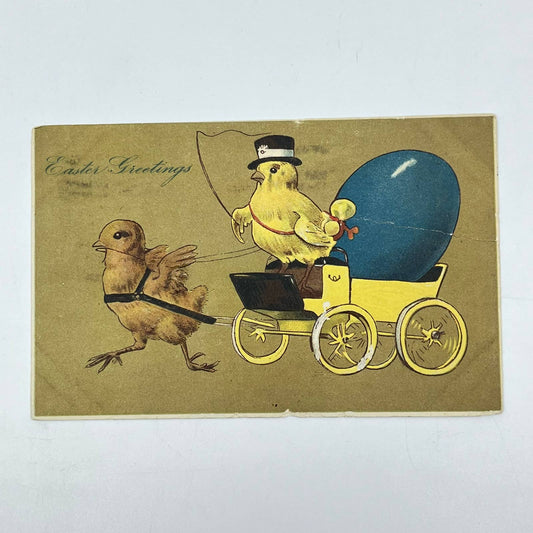 1910 Easter Greeting Post Card Baby Chick Driving Buggy w/ Giant Egg SC9