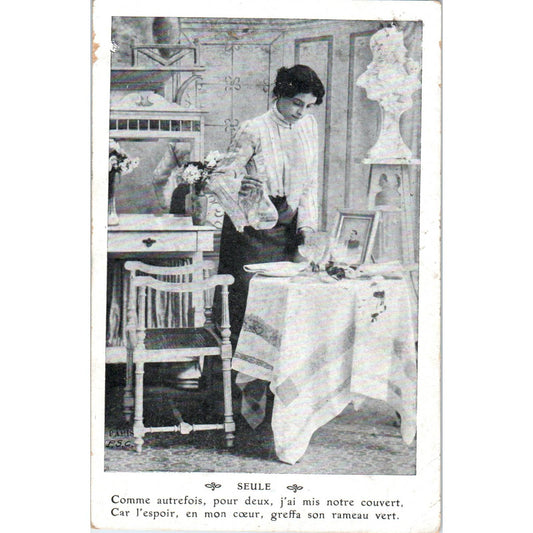 French Victorian Woman Setting Table 1907 Original Postcard TK1-21