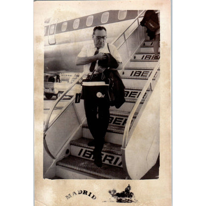 Man Exiting Iberia Airlines Plane Madrid Original Postcard TJ9-P2