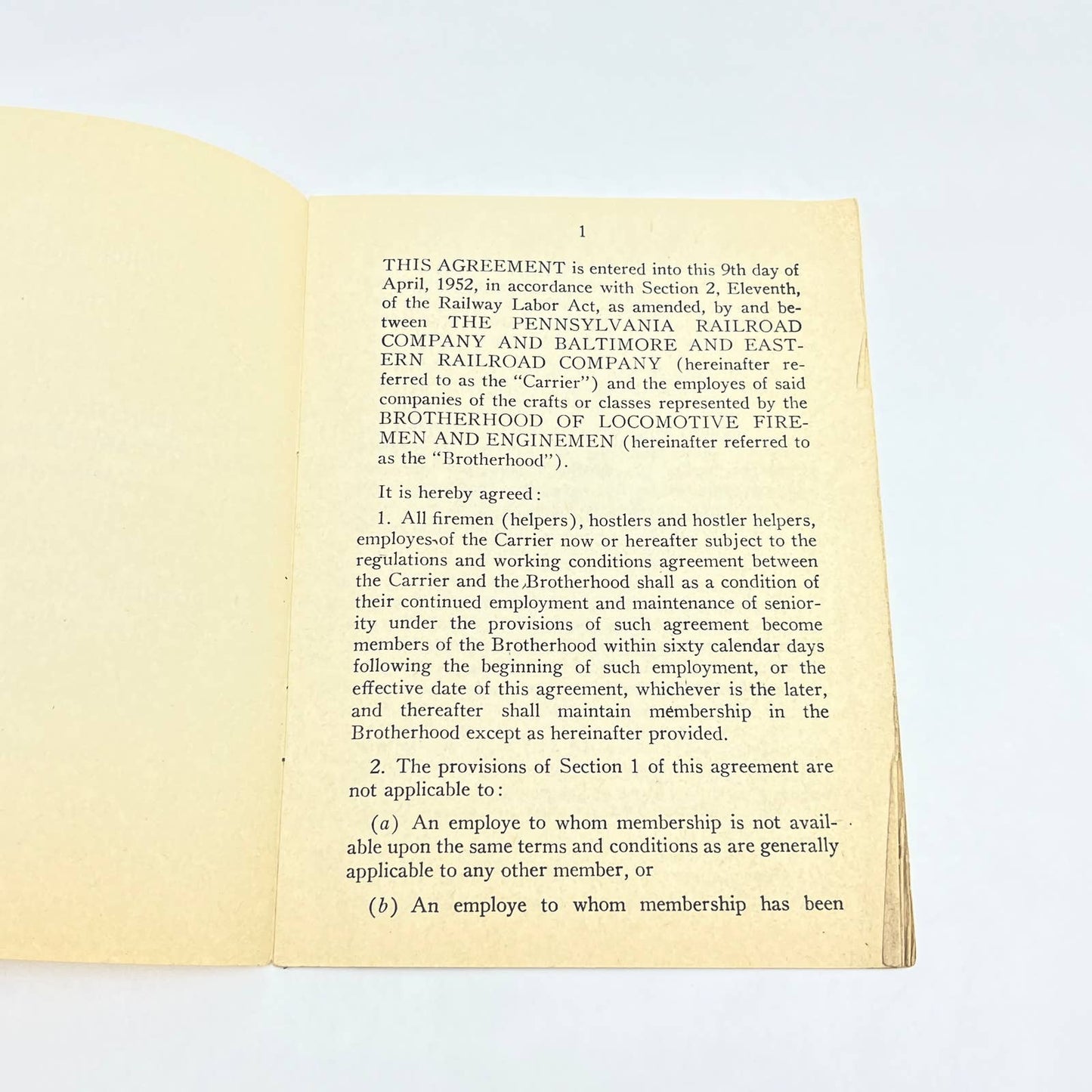 1952 Pennsylvania Railroad and Baltimore & Eastern RR Union Shop Agreement AB7