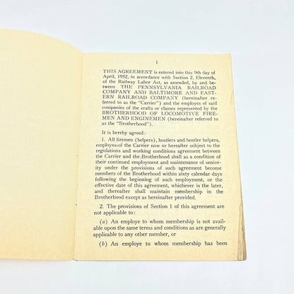 1952 Pennsylvania Railroad and Baltimore & Eastern RR Union Shop Agreement AB7