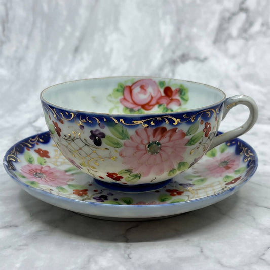 Vintage Hand Painted Bone China Blue & Gold w/ Pink Floral Tea Cup & Saucer TA7