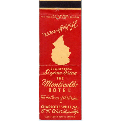 The Monticello Hotel Charlottesville VA Advertising Matchbook Cover MM9-8