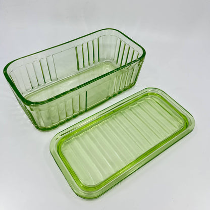 Anchor Hocking Green Uranium Depression Glass Refrigerator Box & Lid 8x4” TD8