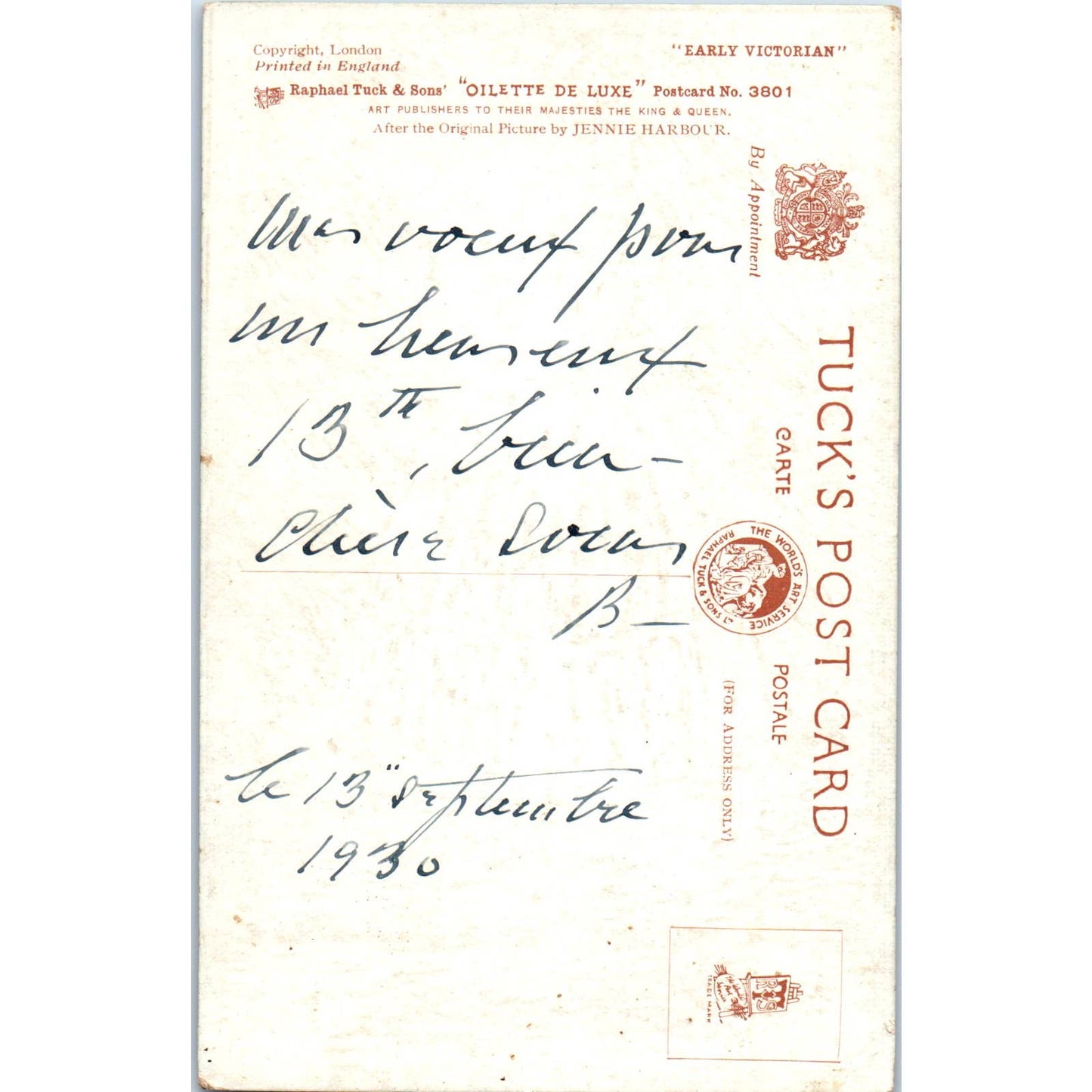 Antique Raphael Tuck La Elegida Jennie Harbour Early Victorian 3801 Postcard SE4