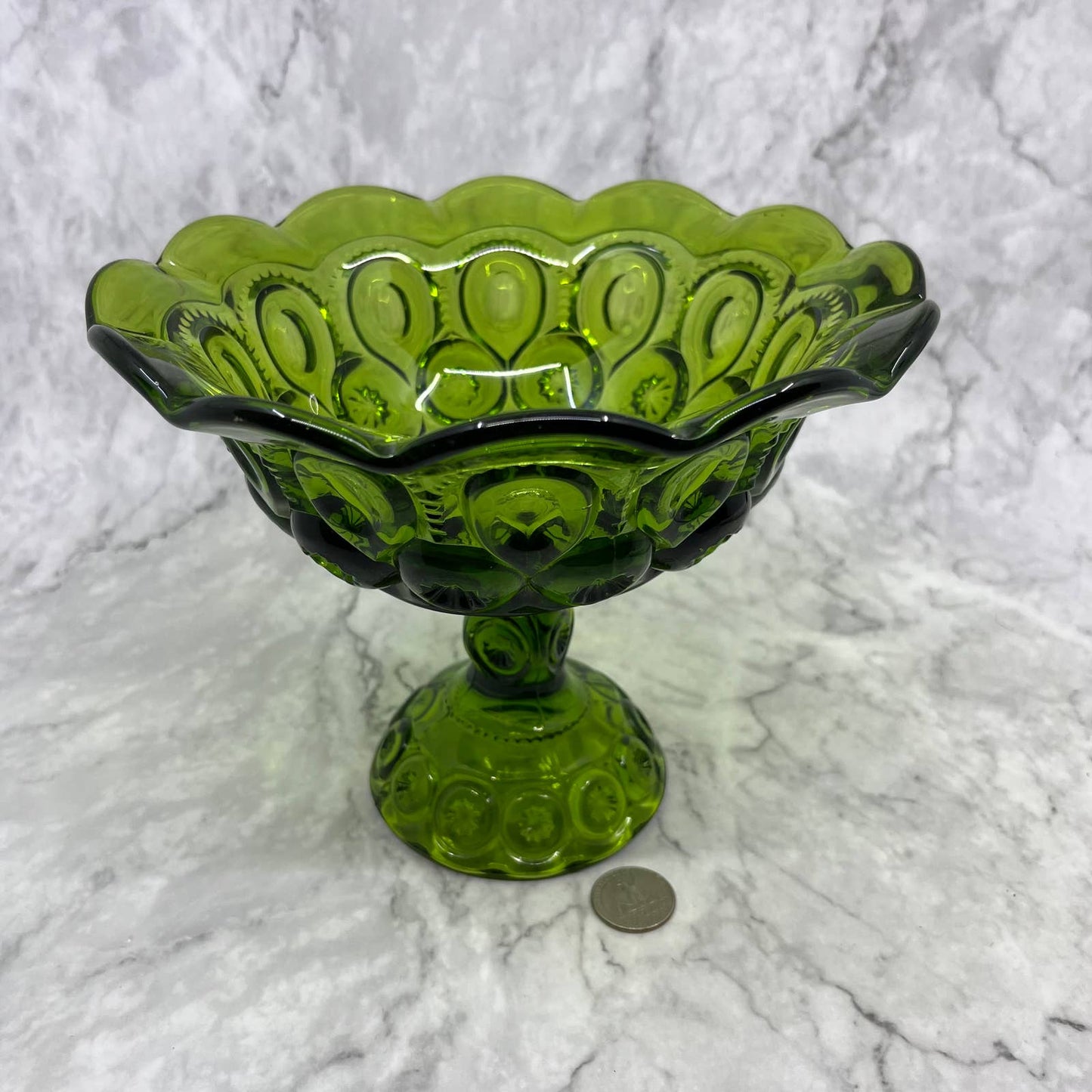 Vintage LE Smith Moon Stars Compote Green Glass Ruffled Edges Large 6.5x8" TA2
