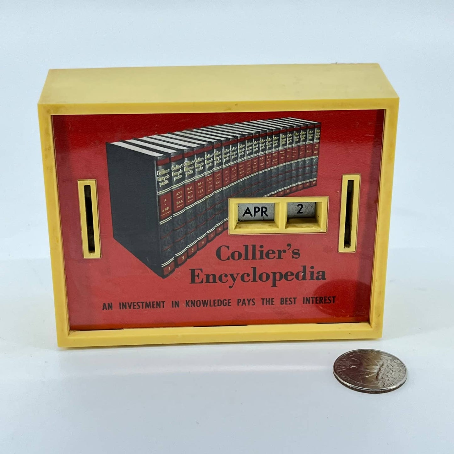Vintage Coin Bank Collier’s Encyclopedia Calendar Bank No Key TE3