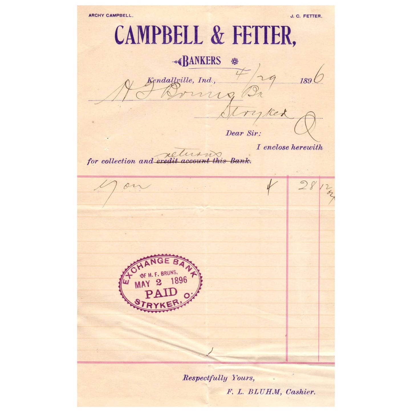 1896 Campbell & Fetter Bankers Letterhead Kendallville Indiana AD8