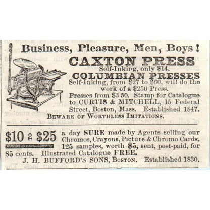 1878 Magazine Ad - Caxton Press Columbian Presses J.H. Bufford's Sons Boston SF2