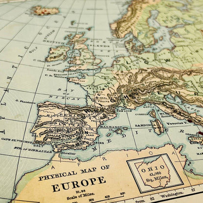 1896 Harper’s School Geography Physical Map of EUROPE Color Engraved 9x12” FL1