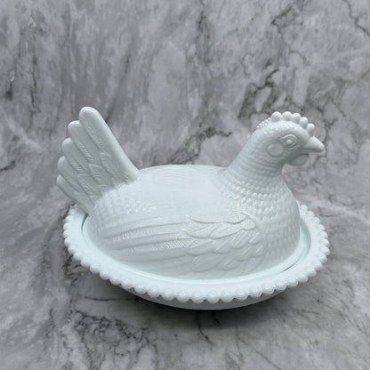 Vintage Indiana White Milk Glass Nesting Hen on Nest Candy Dish 7” TJ3