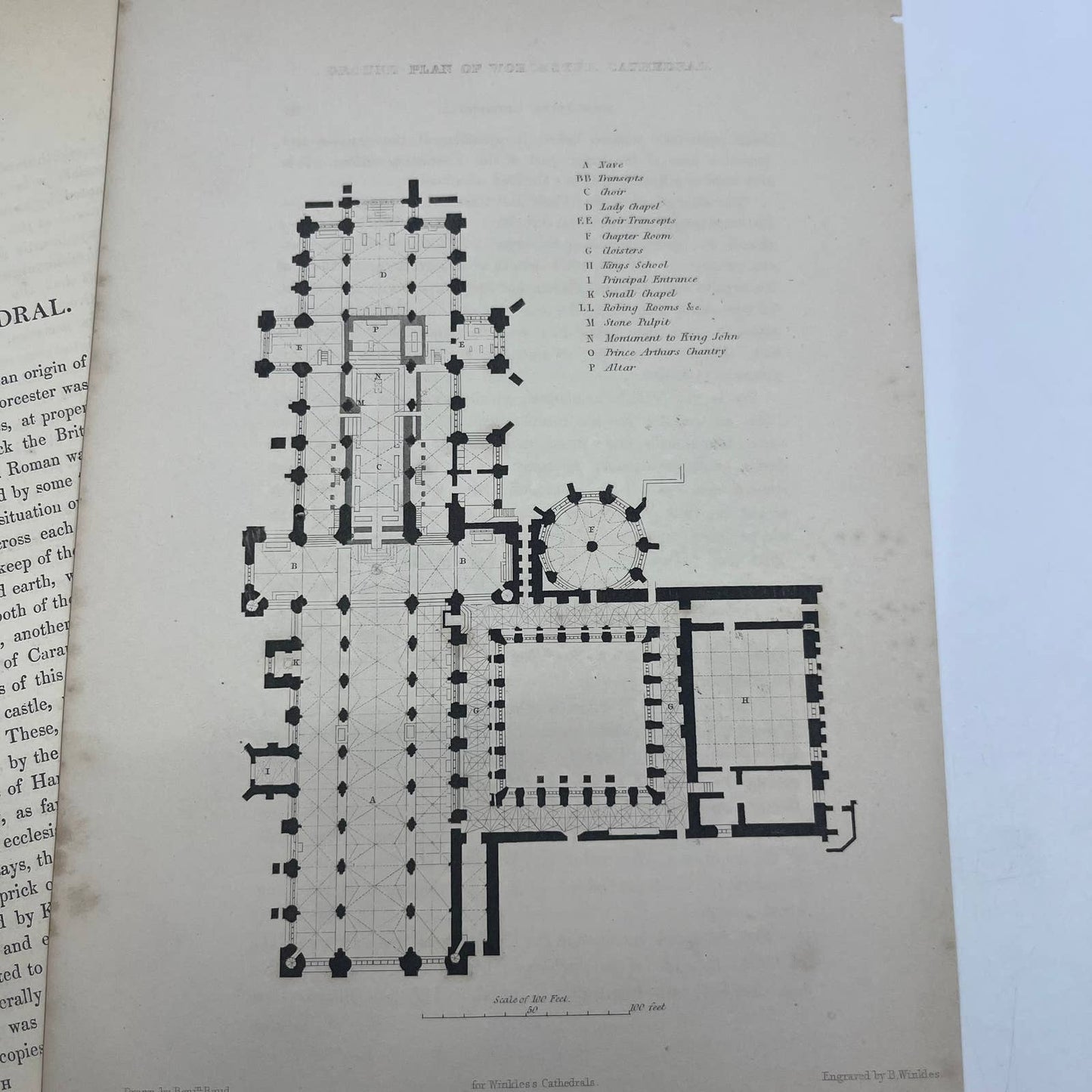 1842 Original Art Engraving Worcester Cathedral, Floor Plan and Bio TG6