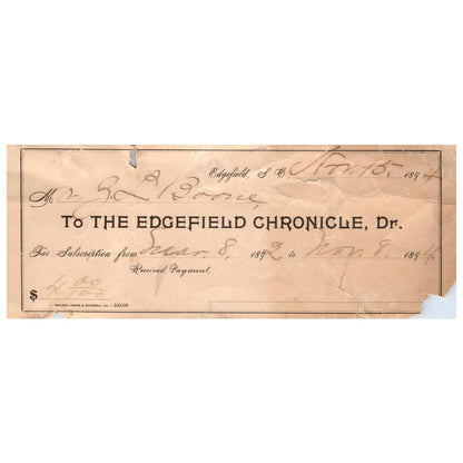 1892 Subscription Receipt to the Edgefield Chronicle - Edgefield SC SE4