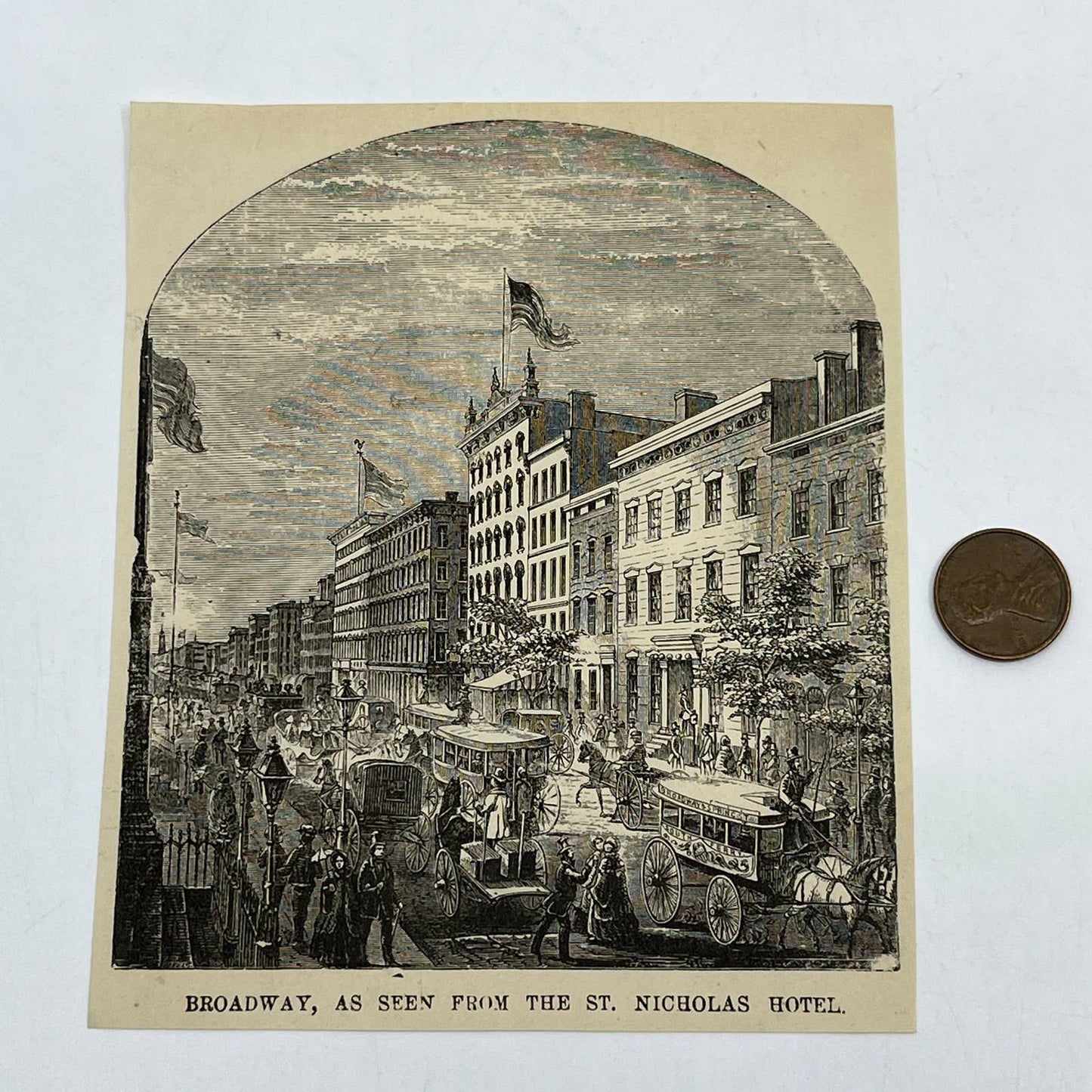 1880s Original Art Engraving Broadway, from the St. Nicholas Hotel NY ~4x5" AC9