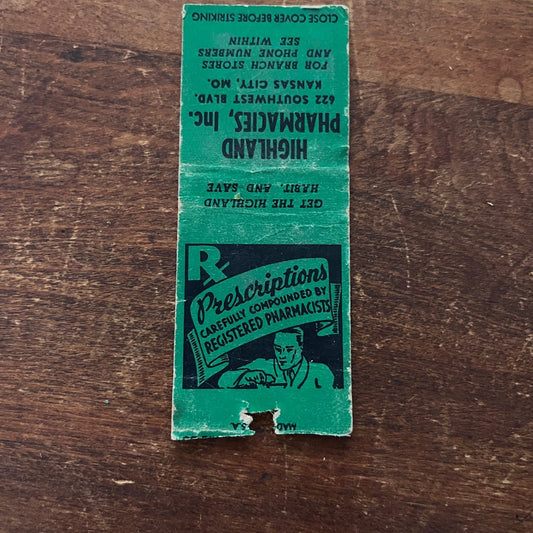 Highland Pharmacies Kansas City MO Advertising Matchbook Cover SB3-M6