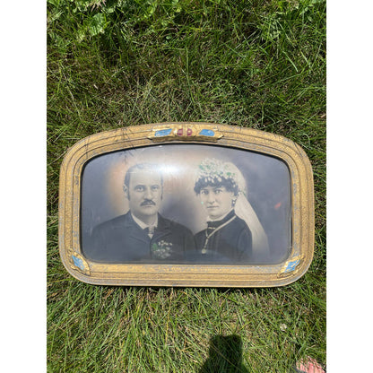 Antique 1880s/1890s Wedding Portrait Couple Man Woman Bubble Glass Wall Art