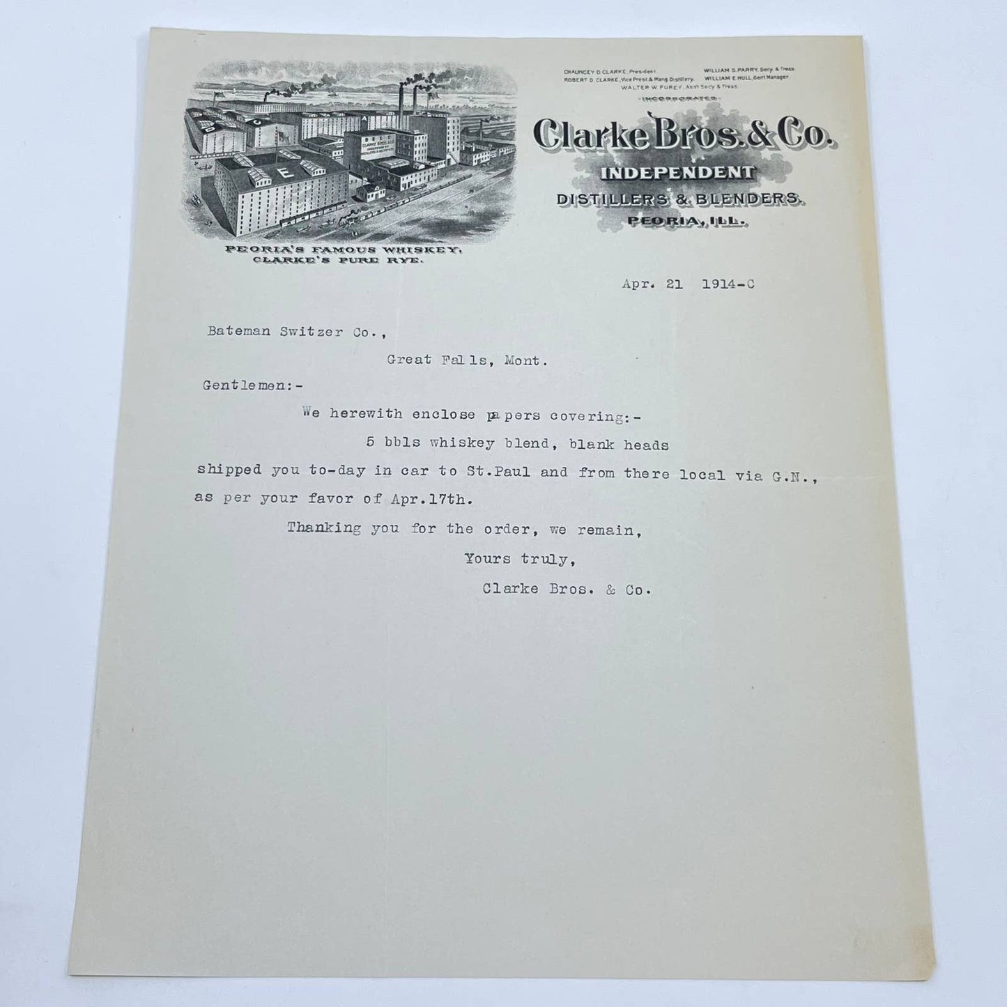 1914 Clarke Bros. & Co. Distillers & Blenders Letterhead Peoria IL AB5