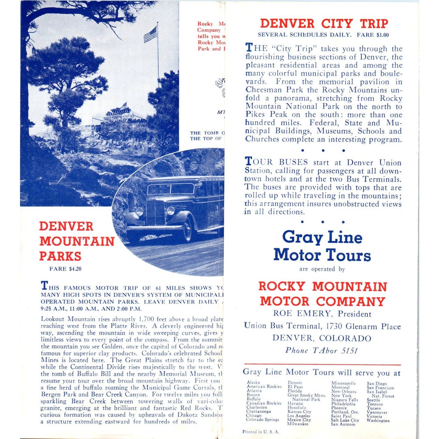 1930s The Gray Line Motor Tours Seeing Denver CO Fold Out Travel Brochure SE3-4