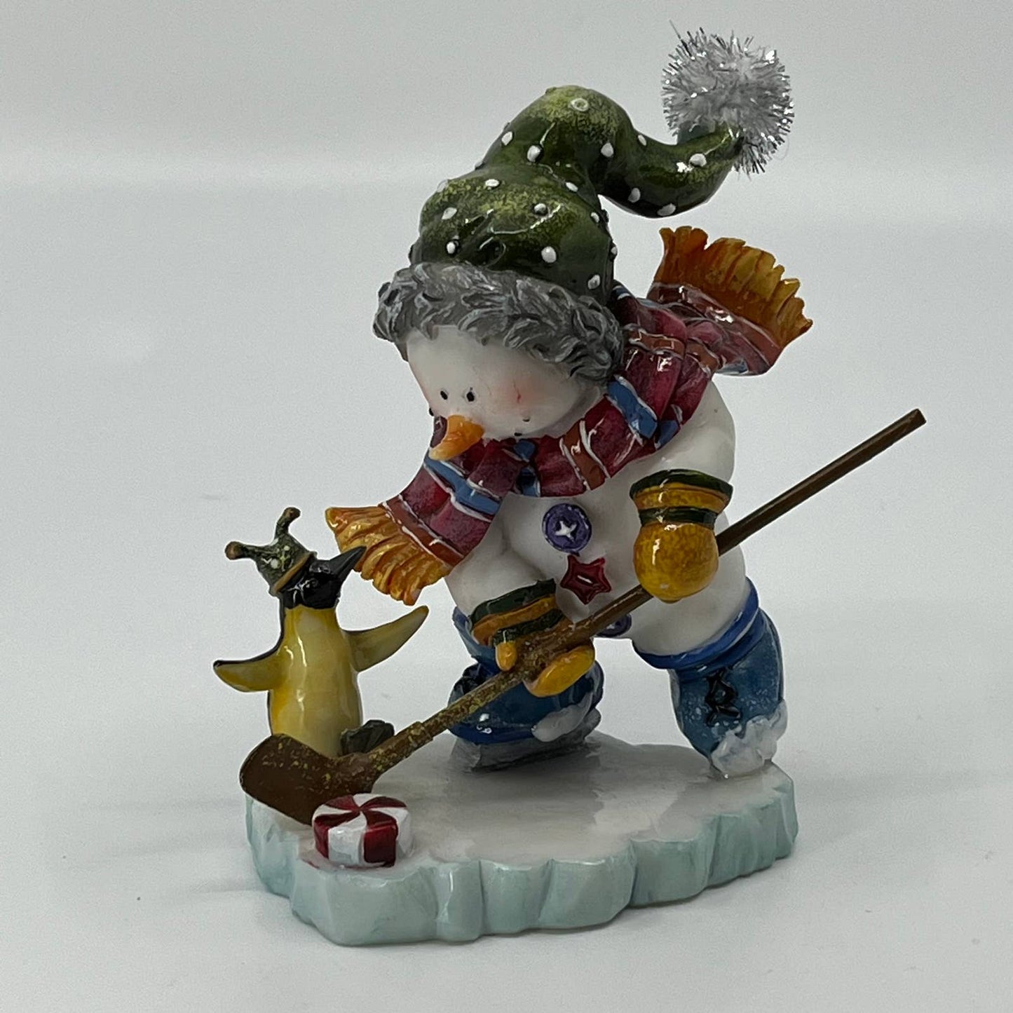 Vintage Merry Snowman Hockey w Penguin Christmas Tree Resin Figurine 5” TB5