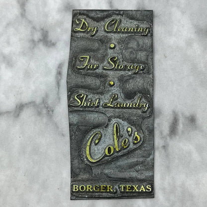 Vintage Letterpress Printers Block Plate Cole’s Dry Cleaning Borger TX TJ57