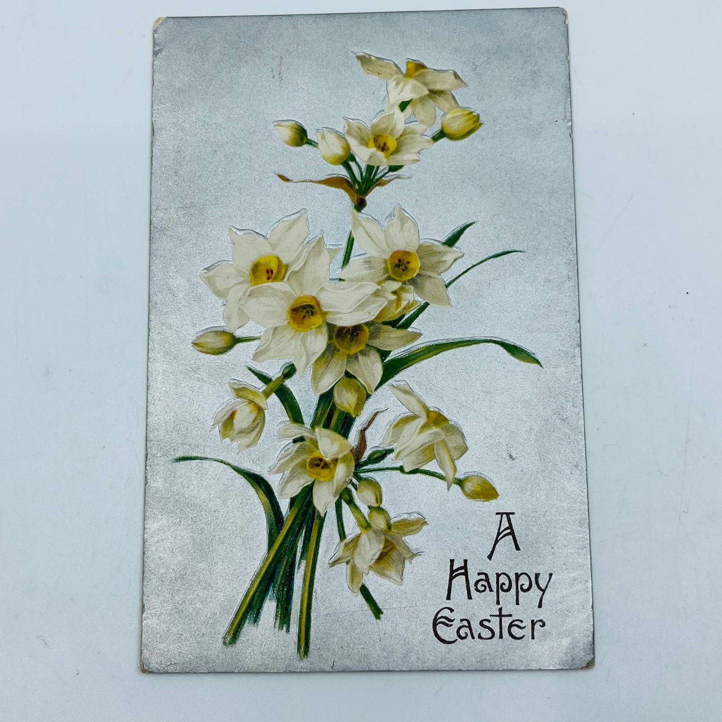 1910s Easter Post Card WINSCH Back Embossed Silver Background Daffodils PA5