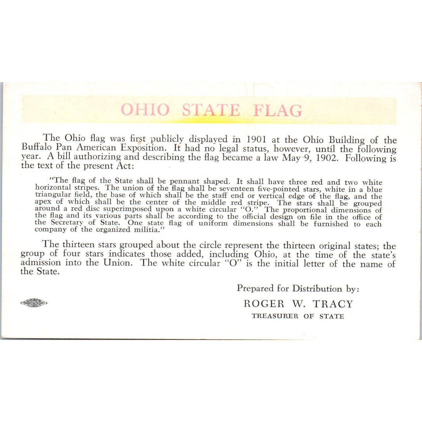 1950s 5x3" Card State Flag of Ohio Roger W. Tracy Treasurer TD8-O2