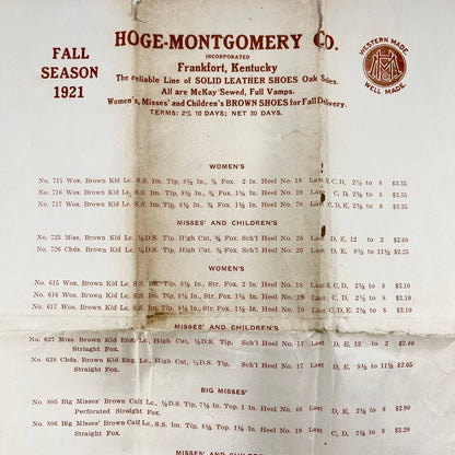 1921 Hoge-Montgomery Co. Leather Shoes Price List Frankfurt KY Western Made AA8