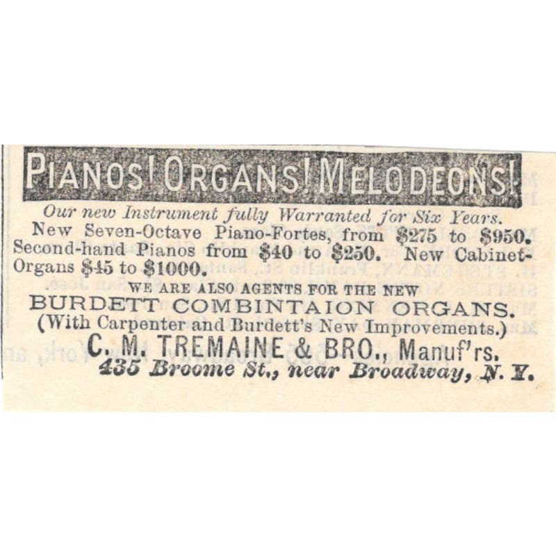 C.M. Tremaine & Bro Pianos & Organs NY - Ad 1878 Original TJ7-L2-4