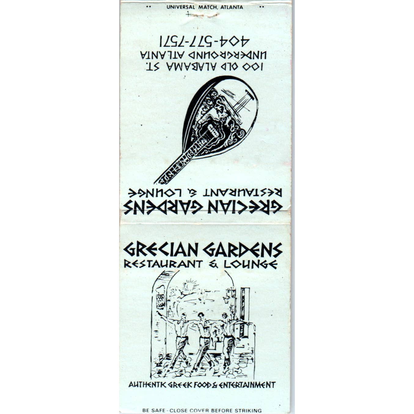 Grecian Gardens Restaurant & Lounge Atlanta Advertising Matchbook Cover SA1-M11