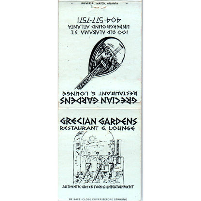 Grecian Gardens Restaurant & Lounge Atlanta Advertising Matchbook Cover SA1-M11