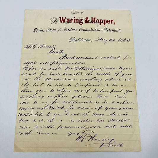 1883 Waring & Hopper Dry Goods Baltimore MD Memo Letterhead Correspondence AA4