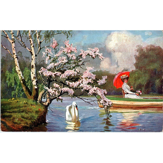 Gemälde (Art) Frau im Ruderboot, Teich mit Schwan Original Postcard P2-7