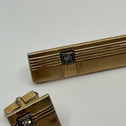 1940s Art Deco Anson Gold Tone Fluted Rhinestone Cufflinks and Tie Bar SE1