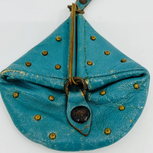 Vintage Turquoise Leather Brass Studded Coin Purse 4” SB9