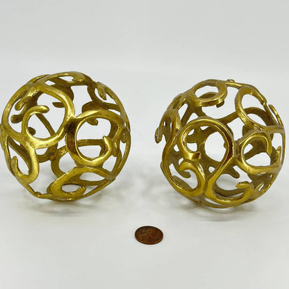 MCM Style Gold Tone Set of 2 Metal Sphere Table Sculpture Bauble Accent 3.5” TE1