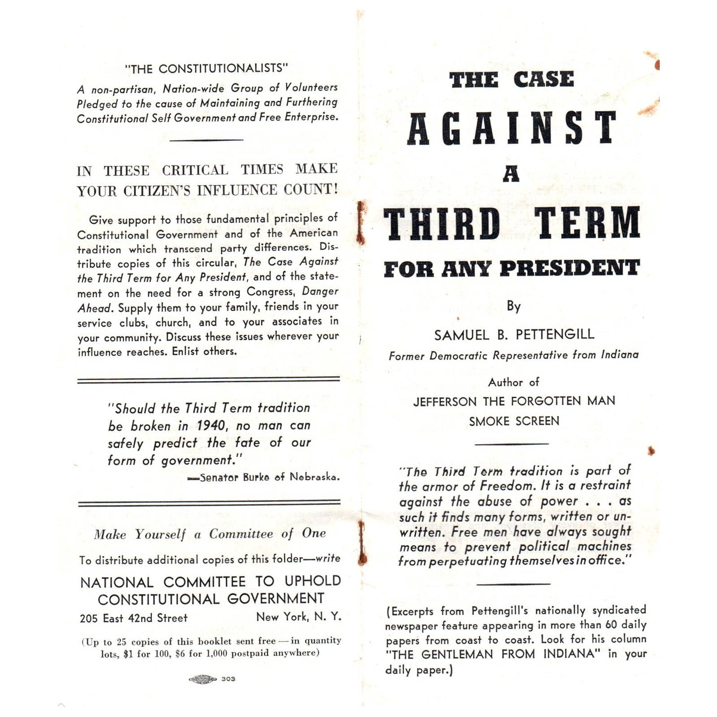 Vtg Political Tract The Case Against 3rd Term for Any President Pettengill SF3-5