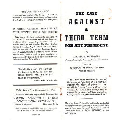 Vtg Political Tract - Case Against 3rd Term for Any President Pettengill TH2-SF1