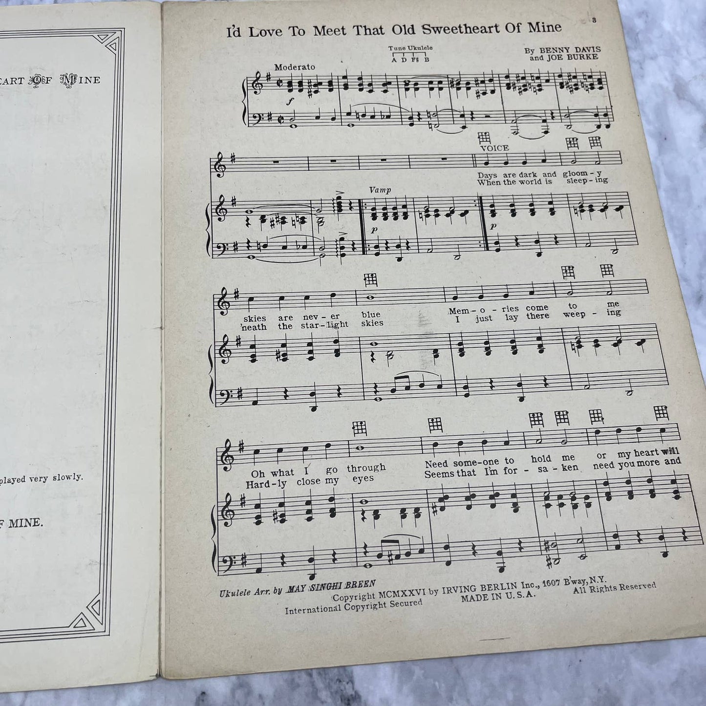 Sheet Music 1926 I'd Love to Meet that Sweetheart of Mine Irving Berlin TI1