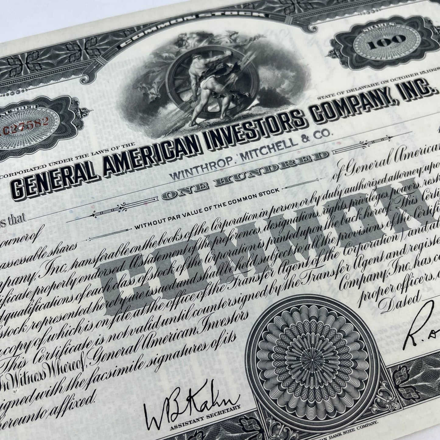 1935 General American Investors Co Stock Certificate Winthrop Mitchell & Co FL5