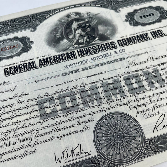 1935 General American Investors Co Stock Certificate Winthrop Mitchell & Co FL5