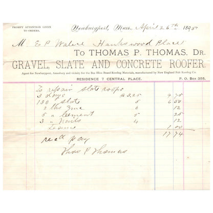 1895 Thomas P. Thomas Roofer Letterhead Billhead Newburyport MA AC9